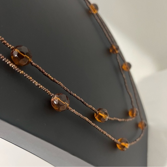 Amber Brown Glass Faceted Bead Long Necklace Bronze Seed Beaded Boho Layered - Picture 5 of 8